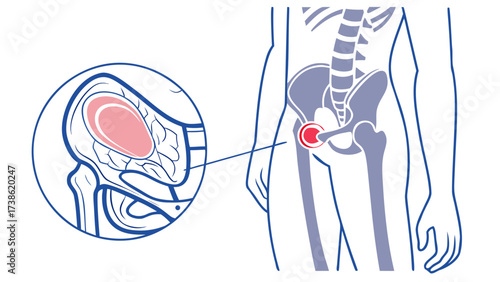 Illustration of a hip joint with a closeup view of the joint capsule, medical diagram of hip joint pain