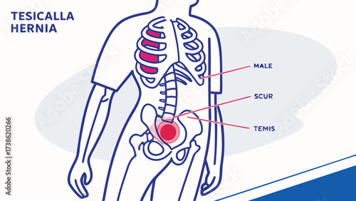 Illustration of a tesicalla hernia, medical diagram of hernia in the chest and groin area of a male body
