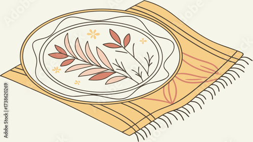 A charming illustration showcases a decorative plate adorned with floral motifs, resting gracefully on a patterned napkin, creating a cozy and inviting scene