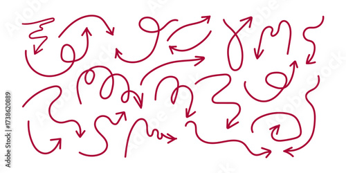 Hand Drawn Arrows , Navigation , Directional Vector Set Sketchy, Red Arrows for Website Design and Marketing graphics with creative icons.