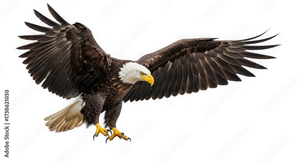 Fototapeta premium Bald eagle in flight isolated on transparent background, wings spread wide open