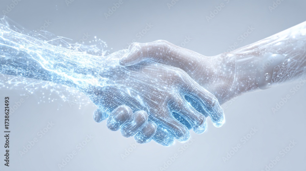 Fototapeta premium Futuristic digital handshake over bright background, symbolizing collaboration and connection