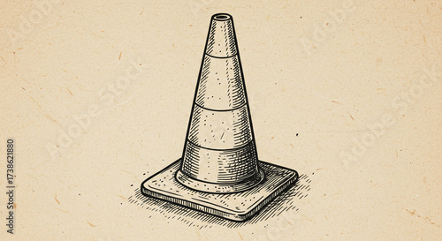 Traffic Cone in Sketchy Hand-Drawn Style with Monochromatic Shading on Paper Texture for Safety Illustration