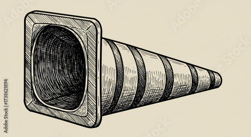 Vintage metal megaphone in hand-drawn illustration style with black and white contrast in engraved texture for retro advertising