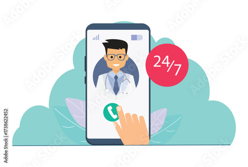 Call doctor 24 7. Medical advice online. Human calls doctor with a smartphone