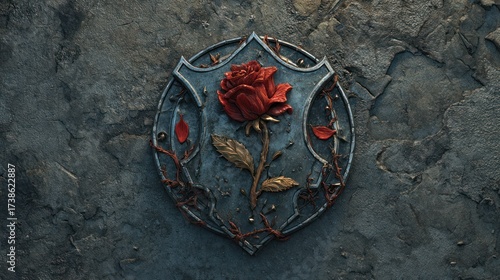 Fototapeta Naklejka Na Ścianę i Meble -  Ornamental metal emblem featuring a red rose against a weathered wall backdrop