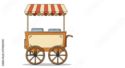 Vintage street cart with striped canopy and wooden wheels