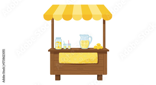 Charming lemonade stand with yellow canopy and wooden counter