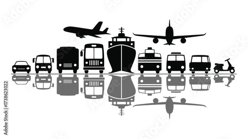 Collection of black silhouette transportation vehicles with reflections on white background Keywords: airplane, bus, car, cruise ship, ferry, scooter, truck, van, vehicle, transport, travel