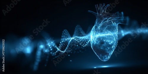 Futuristic glowing heart visualization with data waves symbolizing health technology and medical innovation