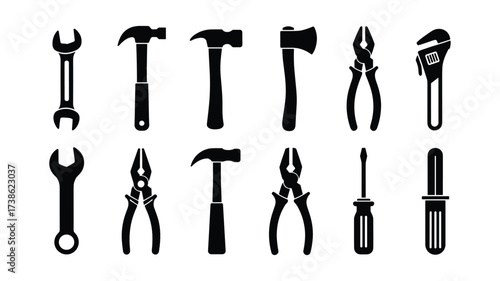 Collection of Black Silhouettes of Various Hand Tools and Wrenches on White Background Keywords: wrench, spanner, hammer, axe, pliers, adjustable wrench, tools, hardware, construction, repair, DI