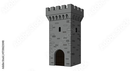 Medieval stone tower with arched doorway on white background