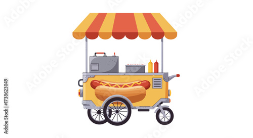 Retro hot dog cart with striped awning and condiments