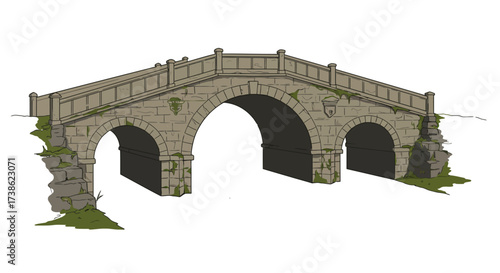 Historic stone bridge with three arches and green accents in detailed art style