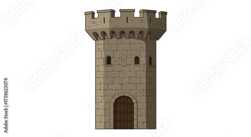 Medieval stone tower with arched wooden door and battlements on white background