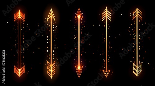 Glowing golden arrows pointing up/down on a black background, with scattered light. For design