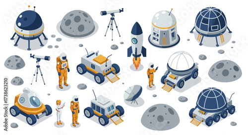 Space exploration isometric set with astronauts, rovers, and lunar modules