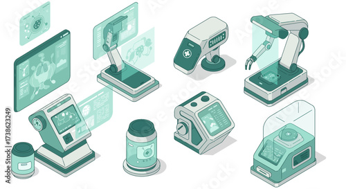 Futuristic medical technology interface with holographic displays and robotics