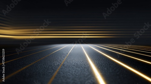 Glowing golden lines light a dark, textured floor and wall in a futuristic space, creating a visual effect