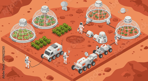 Isometric mars colony with greenhouses and astronauts on red planet