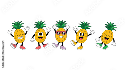Five retro cartoon pineapple characters with different expressions and shoes on a white background fruit