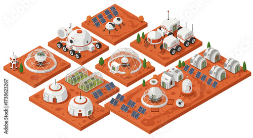 Isometric mars colony with futuristic habitats, rovers, and solar panels