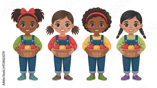 Four diverse young girls in overalls holding baskets of apples on a white background children kids
