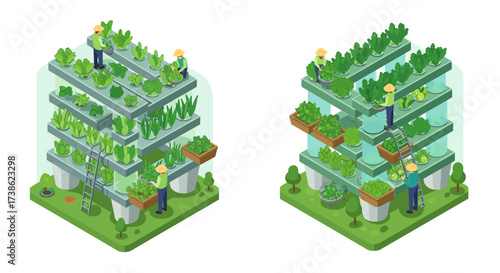 Innovative urban farming: isometric vertical and horizontal gardening concepts