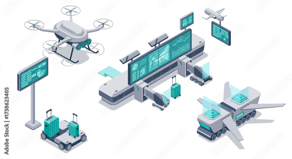 Fototapeta premium Modern isometric airport technology with drones and automated systems