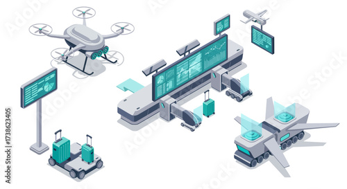 Modern isometric airport technology with drones and automated systems