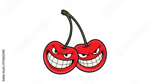 Two menacing cartoon cherries with sharp teeth and evil grins on a white background fruit character