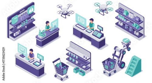 Isometric retail technology: drones, checkout, and shelves in a modern store