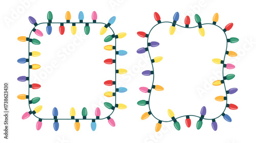 Two Square and Irregular Frames Made of Colorful Christmas Lights on White Background Keywords: christmas lights, string lights, festive, decoration, border, frame, square, irregular shape