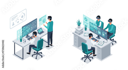Team collaboration and virtual reality in modern office environment