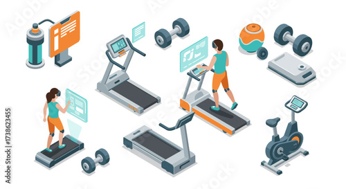 Isometric home gym equipment with people using treadmills and stationary bike