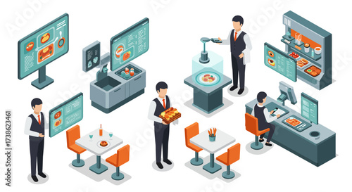 Futuristic isometric restaurant with ai technology and automation