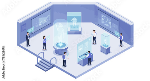 Isometric futuristic technology exhibition with interactive displays and holo…