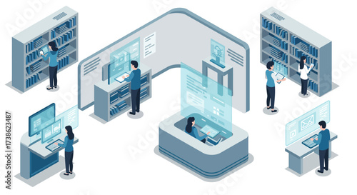 Modern isometric office spaces with people using technology and bookshelves