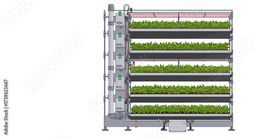 Vertical farming system with multiple layers of green vegetables on hydroponi…