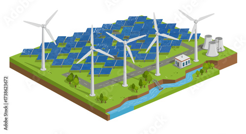 Renewable energy isometric design with solar panels and wind turbines