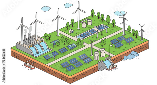 Sustainable energy park with solar panels, wind turbines, and hydroelectric d…