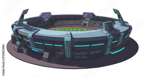 Futuristic sports stadium with neon highlights in cartoon style