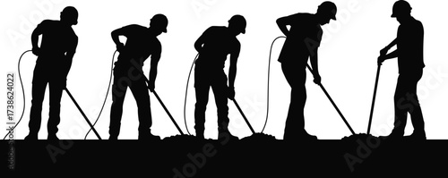 Silhouettes of construction workers using jackhammers and pneumatic drills to break ground, performing excavation, demolition, roadwork, and foundation labor at construction and industrial sites