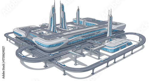 Futuristic transport hub with elevated highways and modern architecture