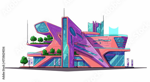 Futuristic architectural concept with bold colors and sleek design elements