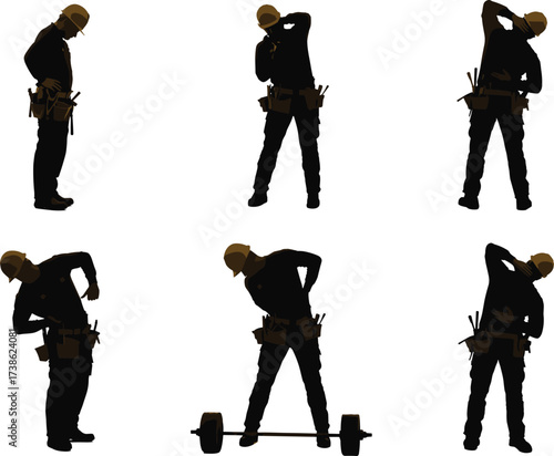 Silhouettes of construction workers with helmets and tool belts stretching, bending, and easing back strain after lifting heavy tools and performing physical labor tasks