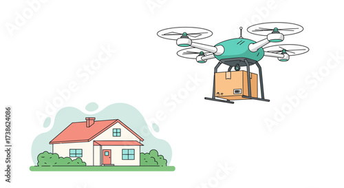 Drone delivery to suburban home with box package in modern flat style