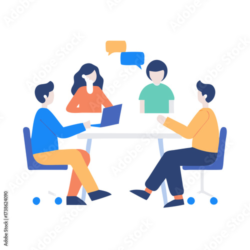 Vector illustration of four people sitting around a table having a discussion with speech bubbles above their heads