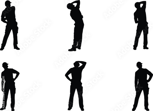 Silhouettes of construction workers stretching, bending, and taking breaks to ease back strain and body fatigue, showing rest, recovery, and physical labor relief