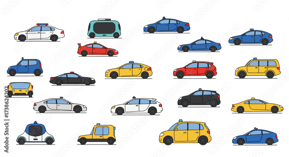 Naklejka premium Modern flat style car collection featuring diverse vehicles and designs